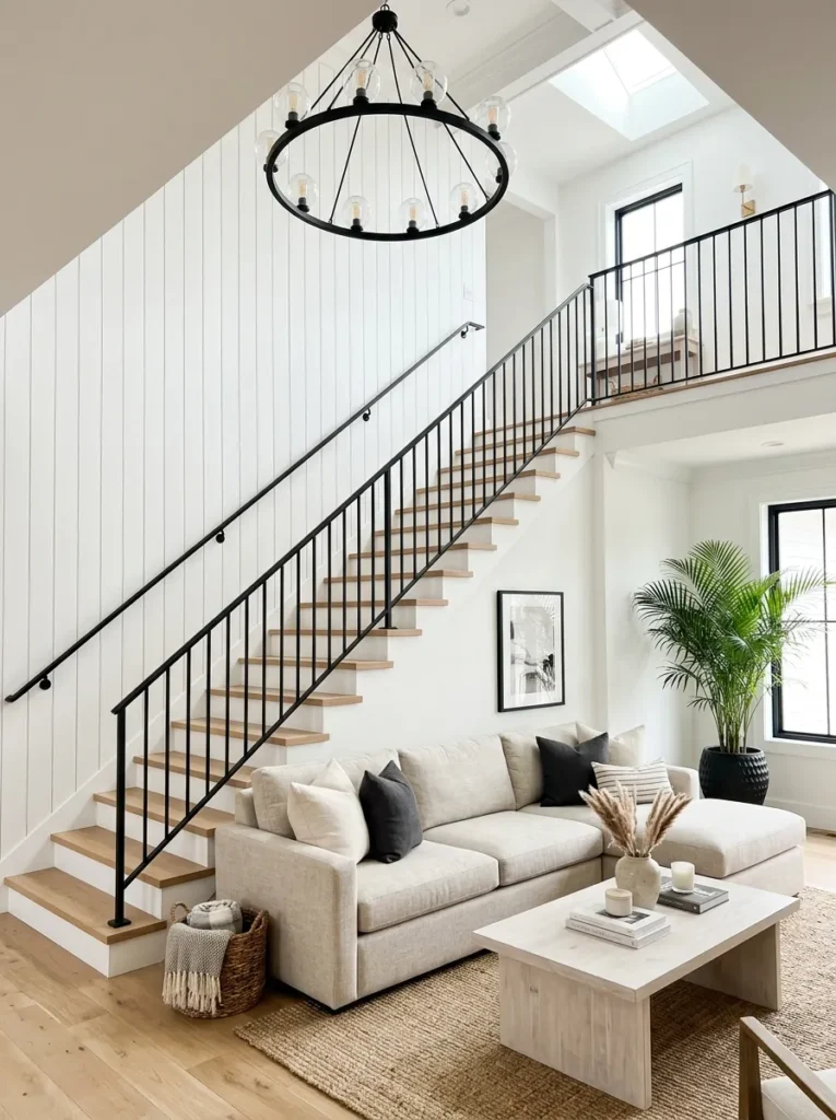 Black iron staircase railing beside a farmhouse living room sectional sofa