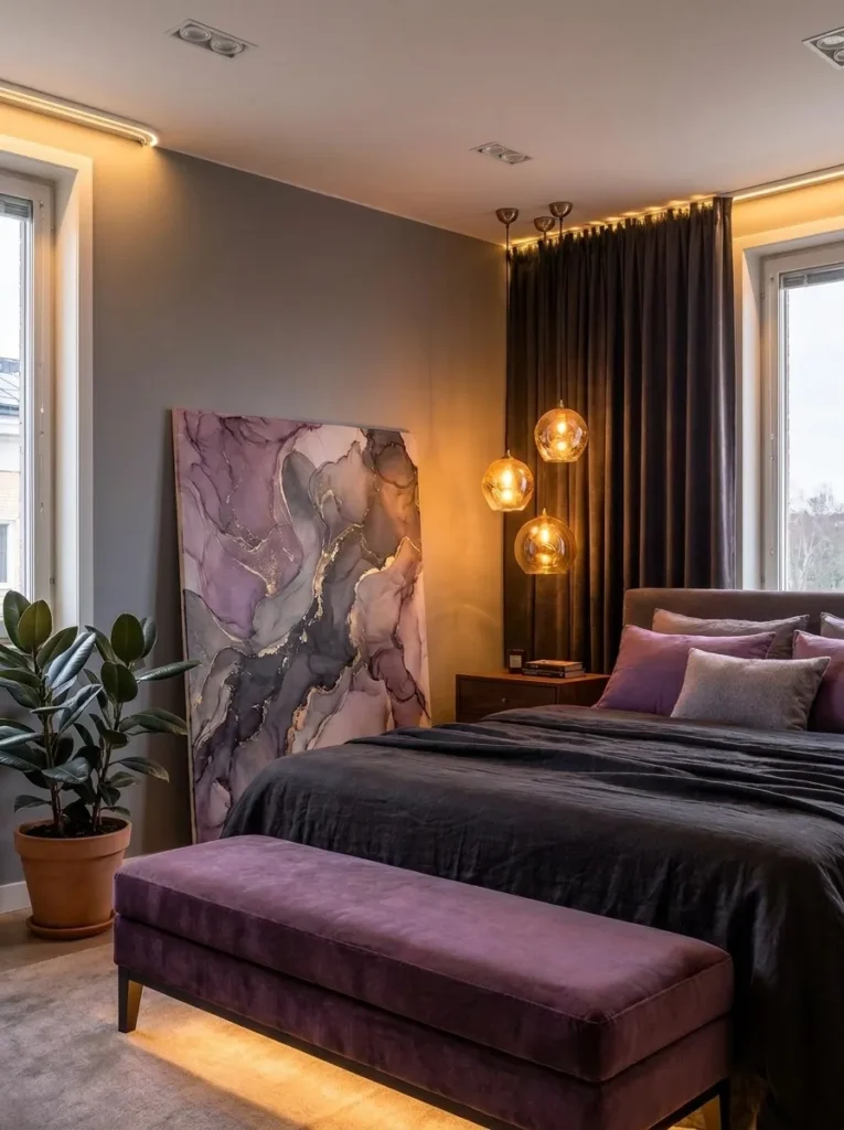 Storm-gray bedroom with an aubergine velvet bench and clustered glass pendant lights