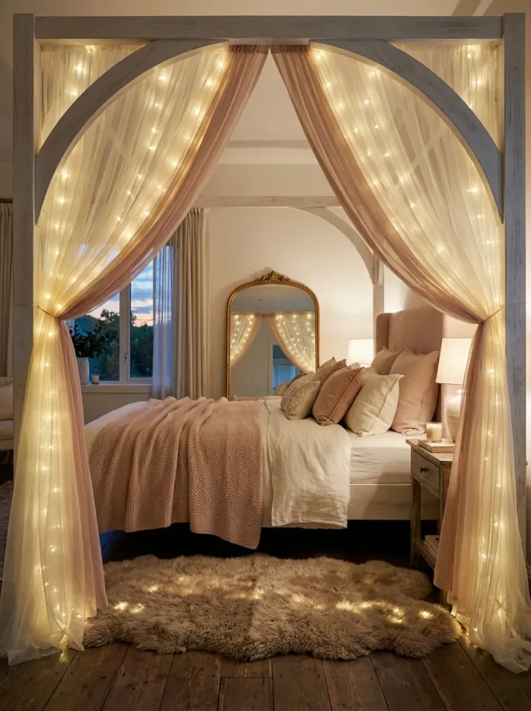 "Whitewashed arch canopy bed with tulle and fairy lights in a storybook bedroom"