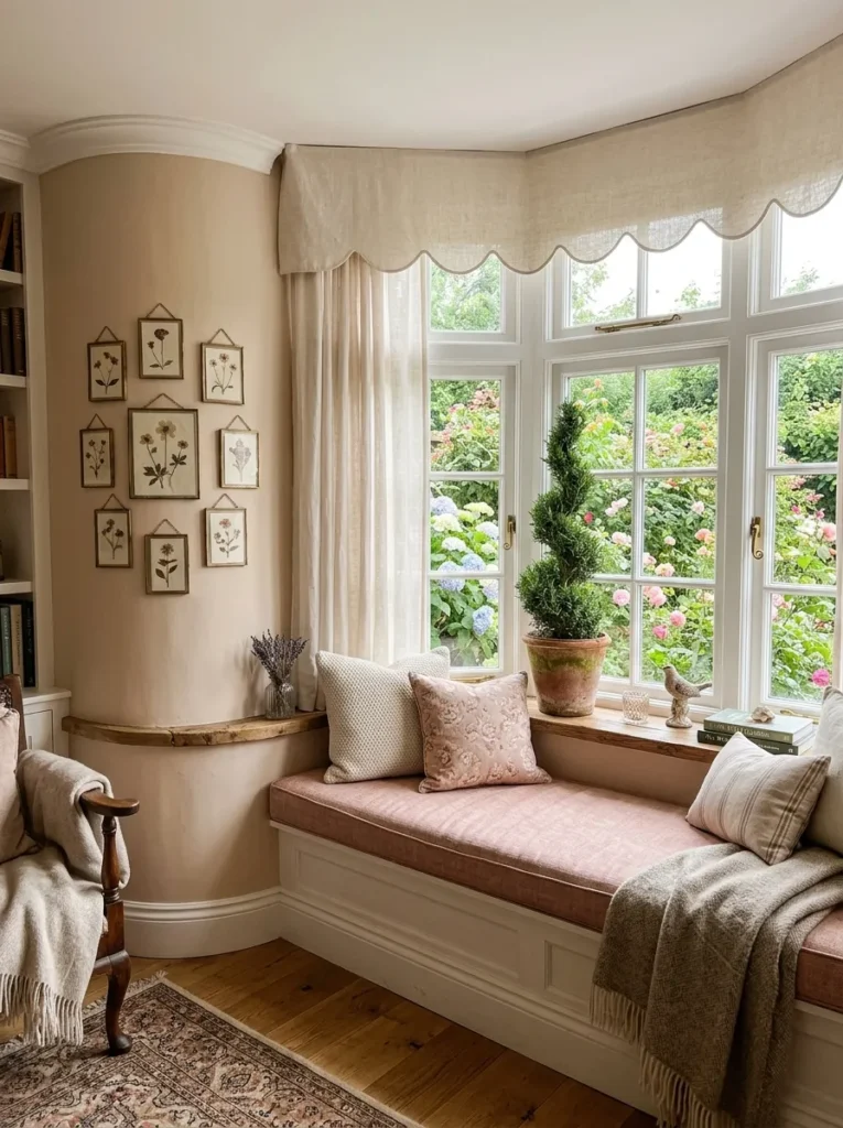 "Built-in window seat with scalloped valance in a sugared almond bedroom"
