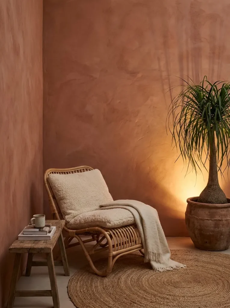Chalky clay-toned limewash alcove with a natural rattan chair and reclaimed teak table