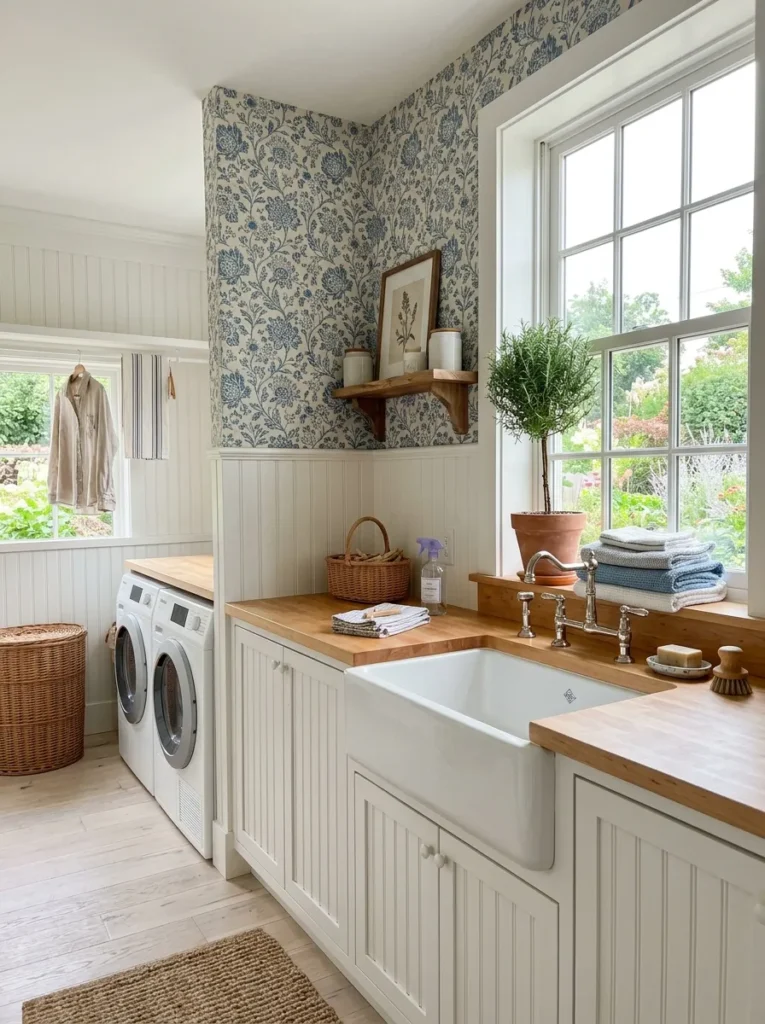  Sunlit farmhouse laundry nook with floral wallpaper and a cast iron sink
