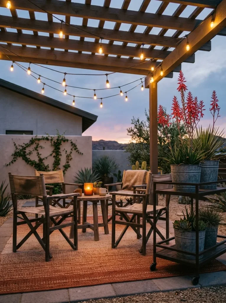  "Canvas director chairs and ombre rug on a sunset-toned patio"