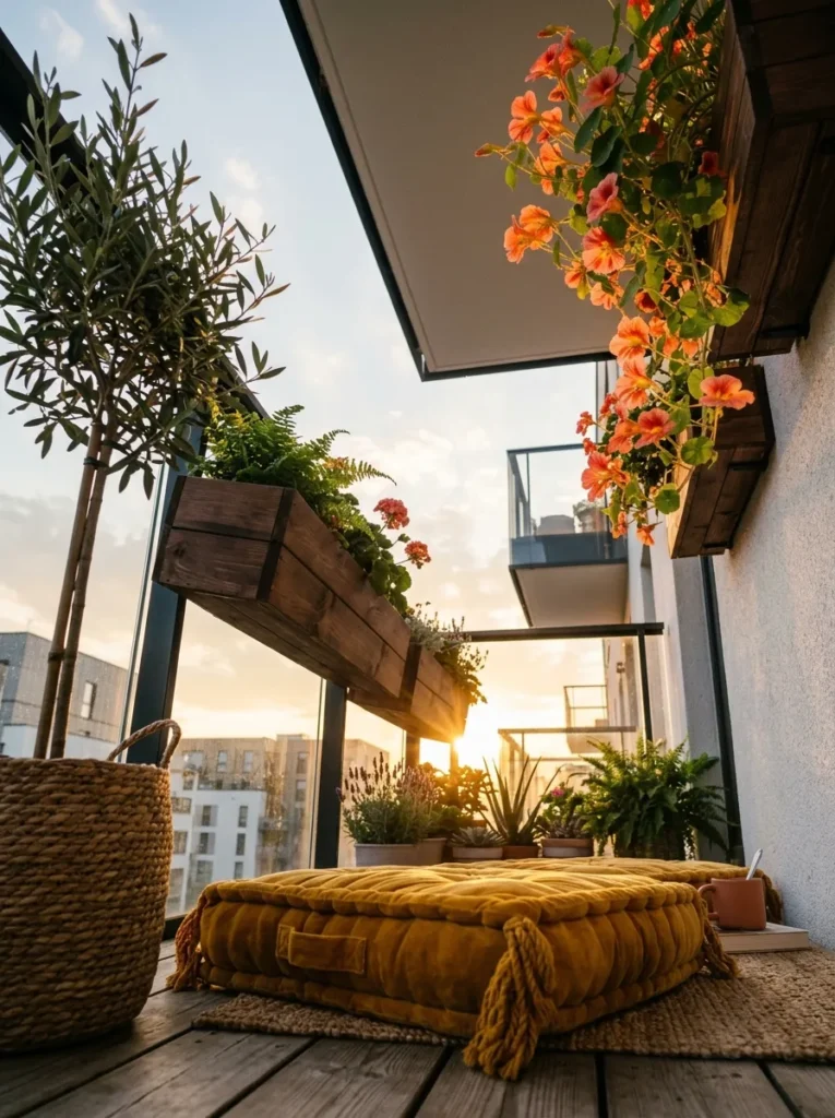 "Staggered ombre rail planters with trailing nasturtiums on a balcony"