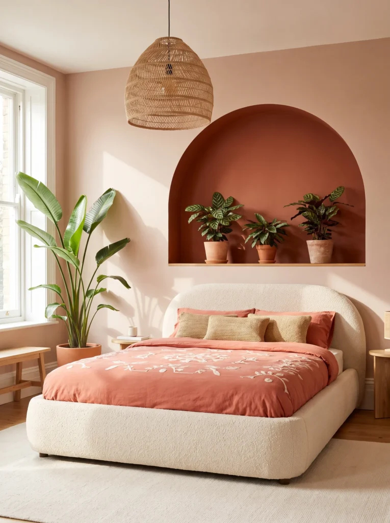 Ochre bedroom with indigo hand-blocked wallpaper and a reclaimed teak platform bed
