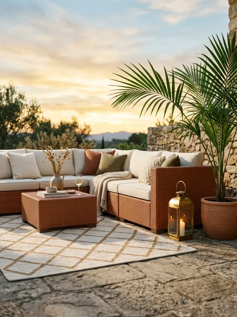 "Terracotta resin wicker sectional on a boho patio with brass lanterns"