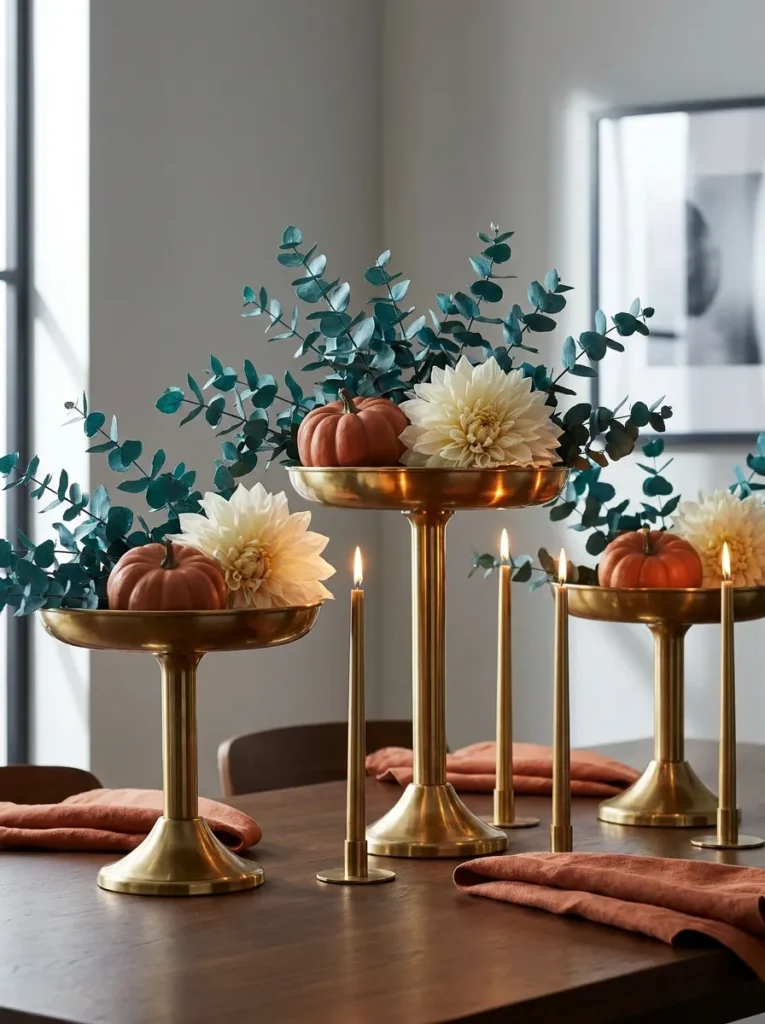 Graduated brass compote stands with teal-dyed eucalyptus and terracotta pumpkins