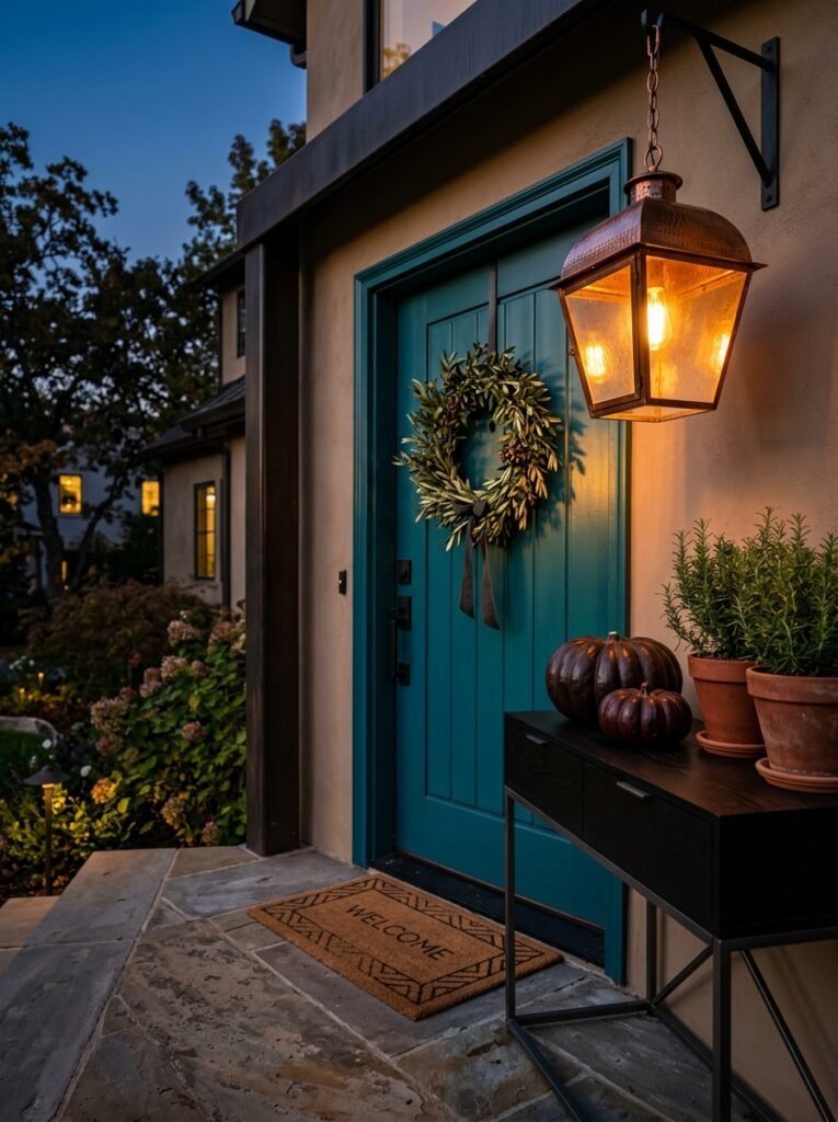 "Hammered copper pendant lantern glowing above a teal door"