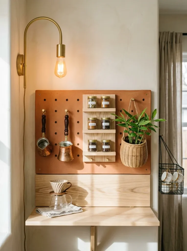 Terracotta pegboard wall station with hanging cezve pots and a fold-down ash shelf