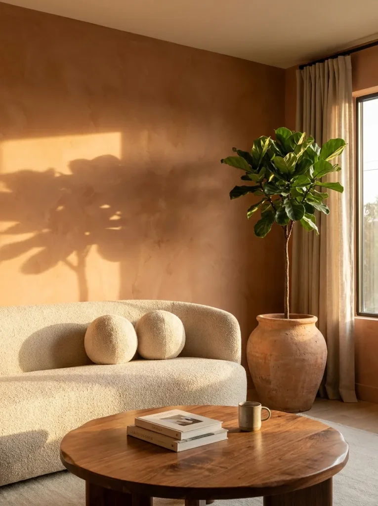 Hand-troweled terracotta plaster wall with a cream bouclé sofa and live-edge walnut coffee table