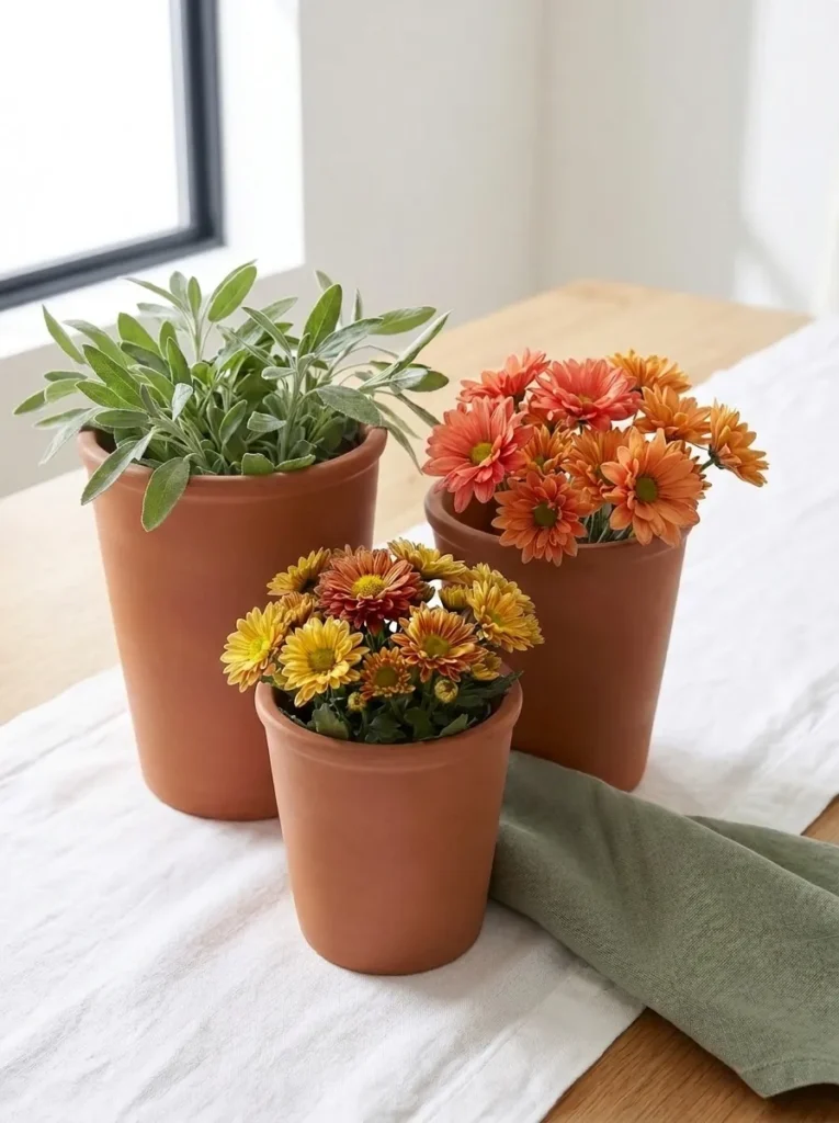 Three staggered unglazed terracotta pots with sage sprigs and potted mums