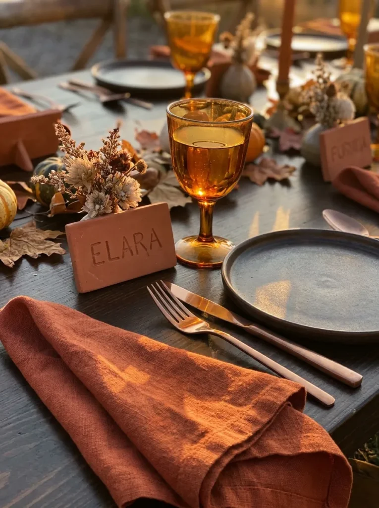 Burnt orange linen table with copper flatware and carved clay place card tiles