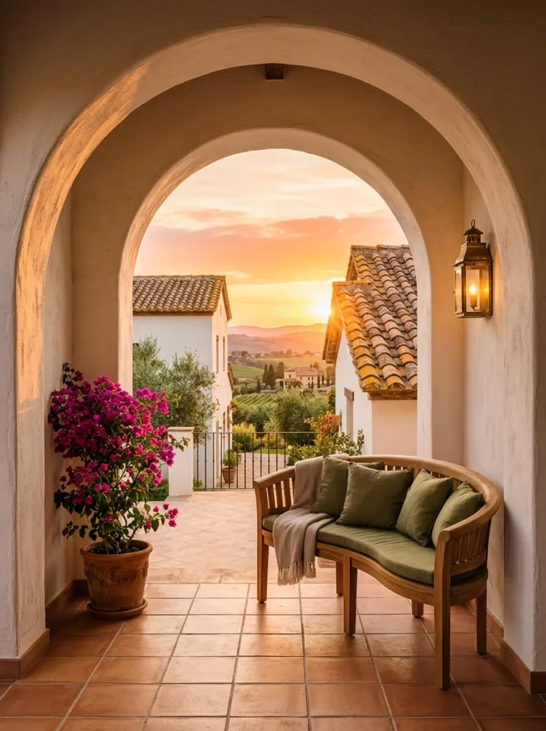 "Clay barrel tile loggia with arched stucco opening"