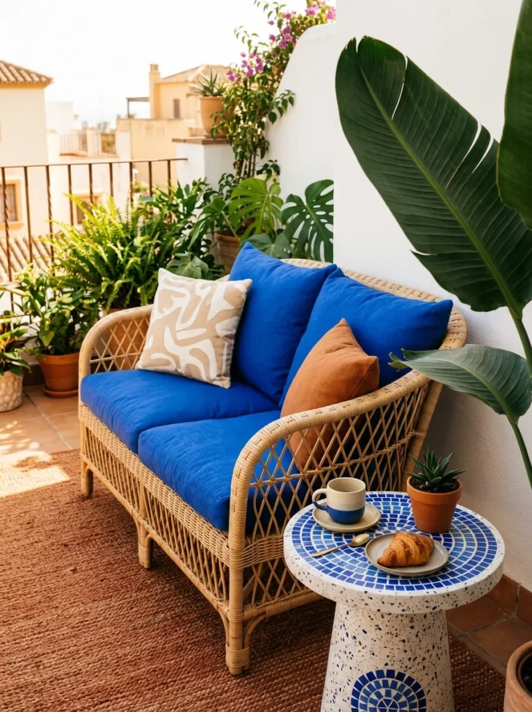 "Terracotta and cobalt blue small balcony seating corner"
