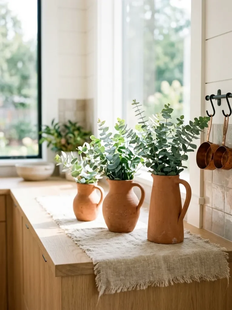 Graduated terracotta pitchers holding silvery eucalyptus on a sunlit counter