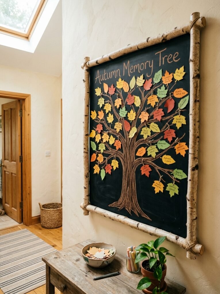 Birch-branch framed chalkboard with a bare tree trunk and paper leaf notes