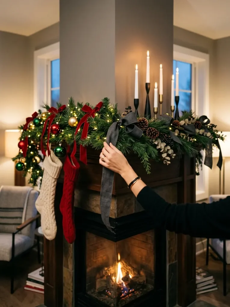 Split mantel shot showing a red-ribboned garland being restyled with charcoal ribbon