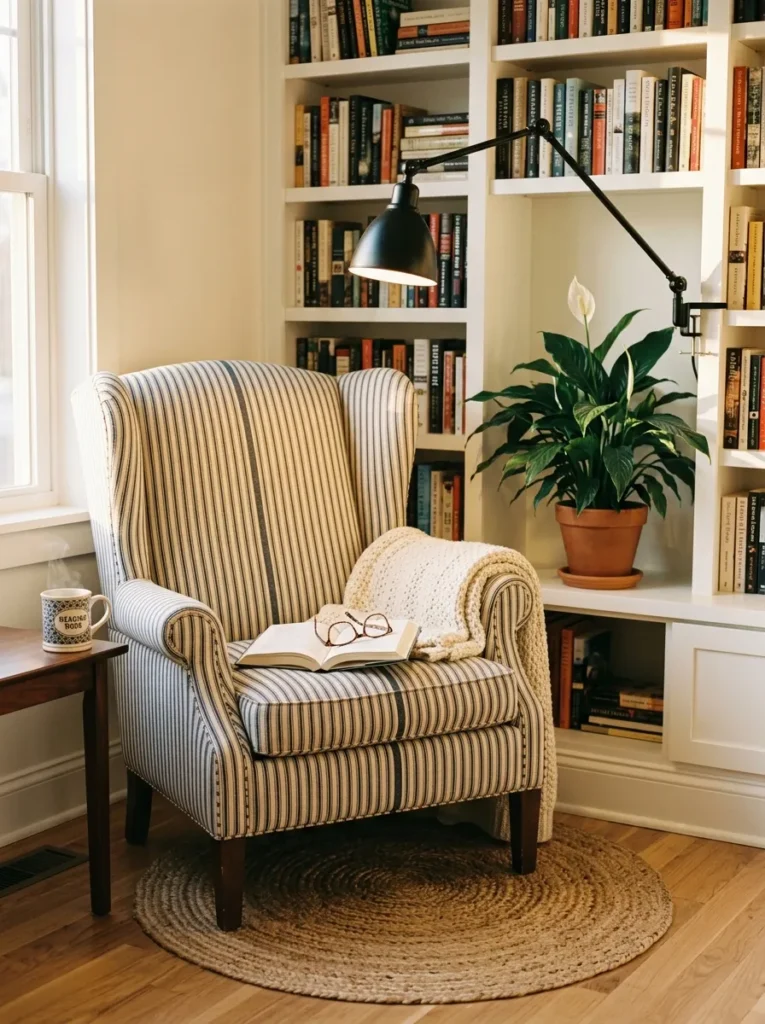 Ticking stripe wingback chair in a cozy farmhouse living room reading nook