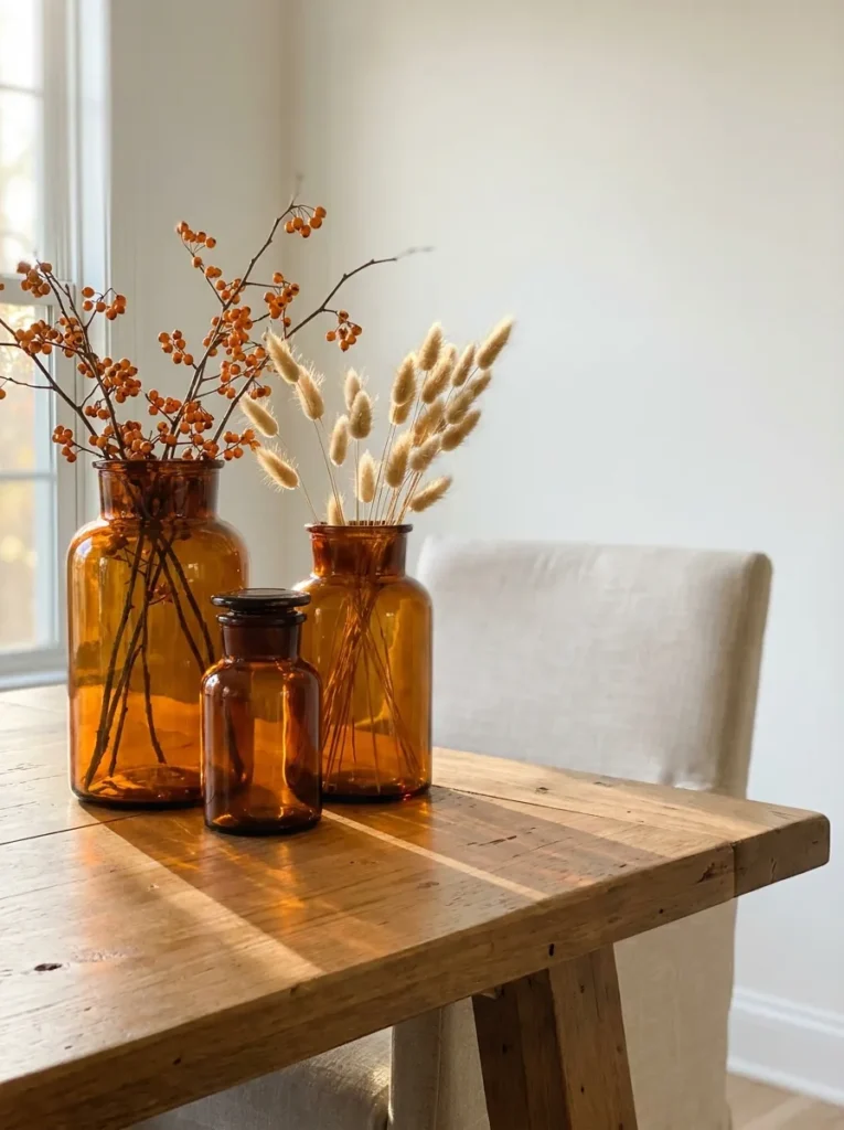 Three amber glass apothecary jars staggered with bittersweet berries and bunny tail grass
