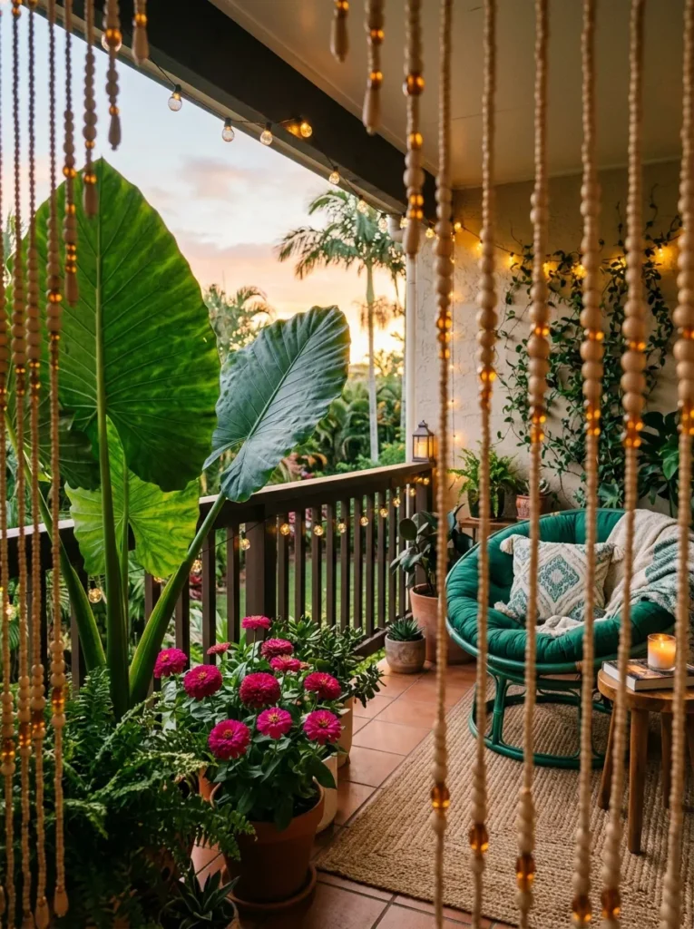 "Oversized rattan saucer chair on a jewel-toned balcony nook"