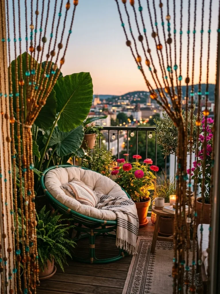 "Oversized rattan saucer chair on a jewel-toned balcony nook"