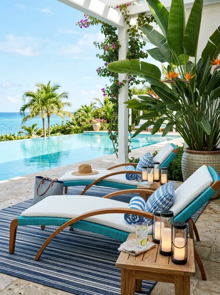 "Turquoise rope chaise lounges with curved teak frames on a patio"