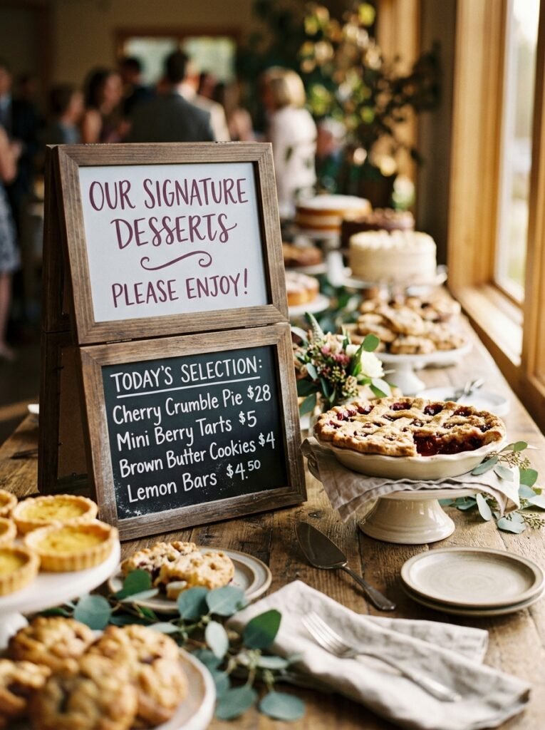 Two stacked wood-framed dessert menu chalkboards in plum and white chalk