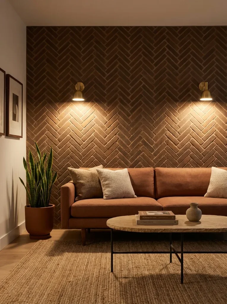 Herringbone brick accent wall in warm umber with a low clay linen sofa