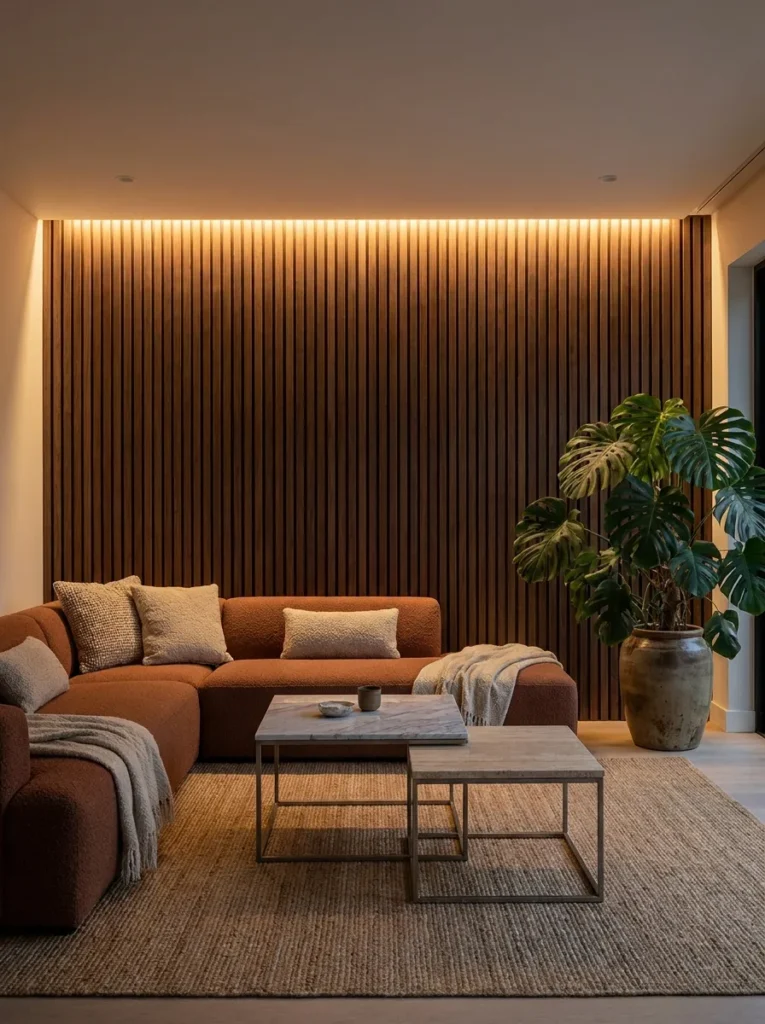  Floor-to-ceiling umber wood-slat accent wall glowing from hidden LED lighting