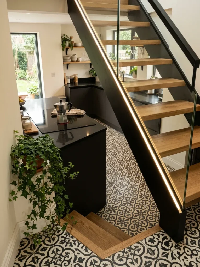 Angled under-stairs coffee nook with exposed stringer, LED strip lighting, and encaustic tile
