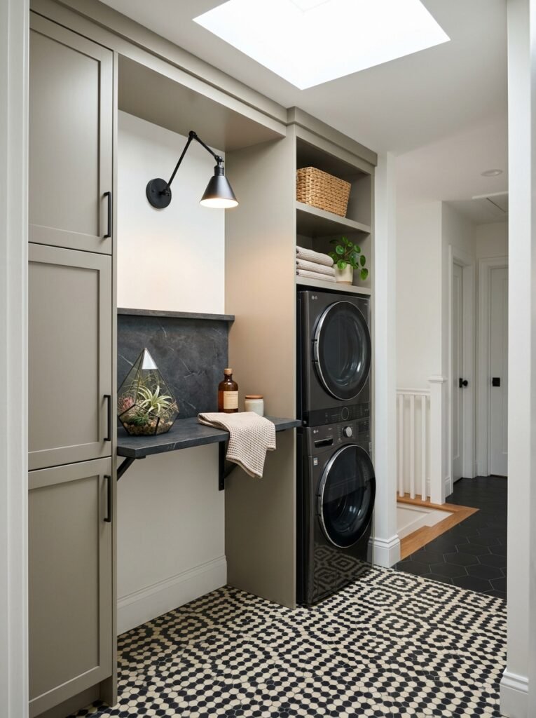 Upstairs hallway laundry nook with hexagon tile and a black articulating sconce
