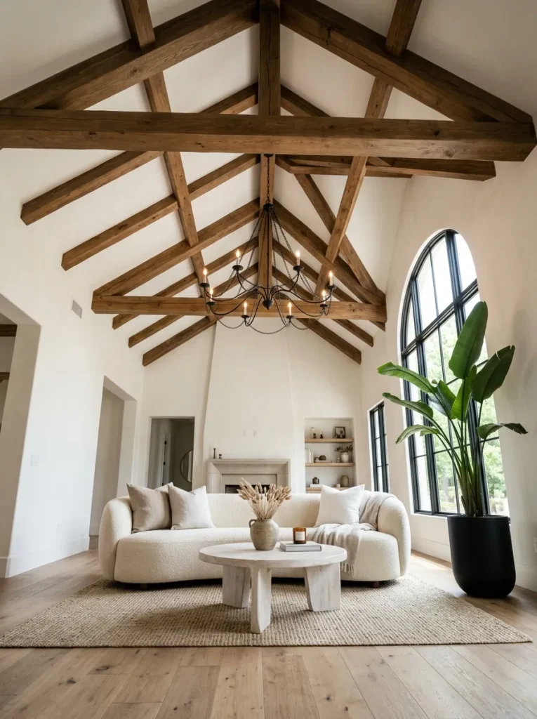 Vaulted beam ceiling and curved bouclé sofa in a farmhouse living room