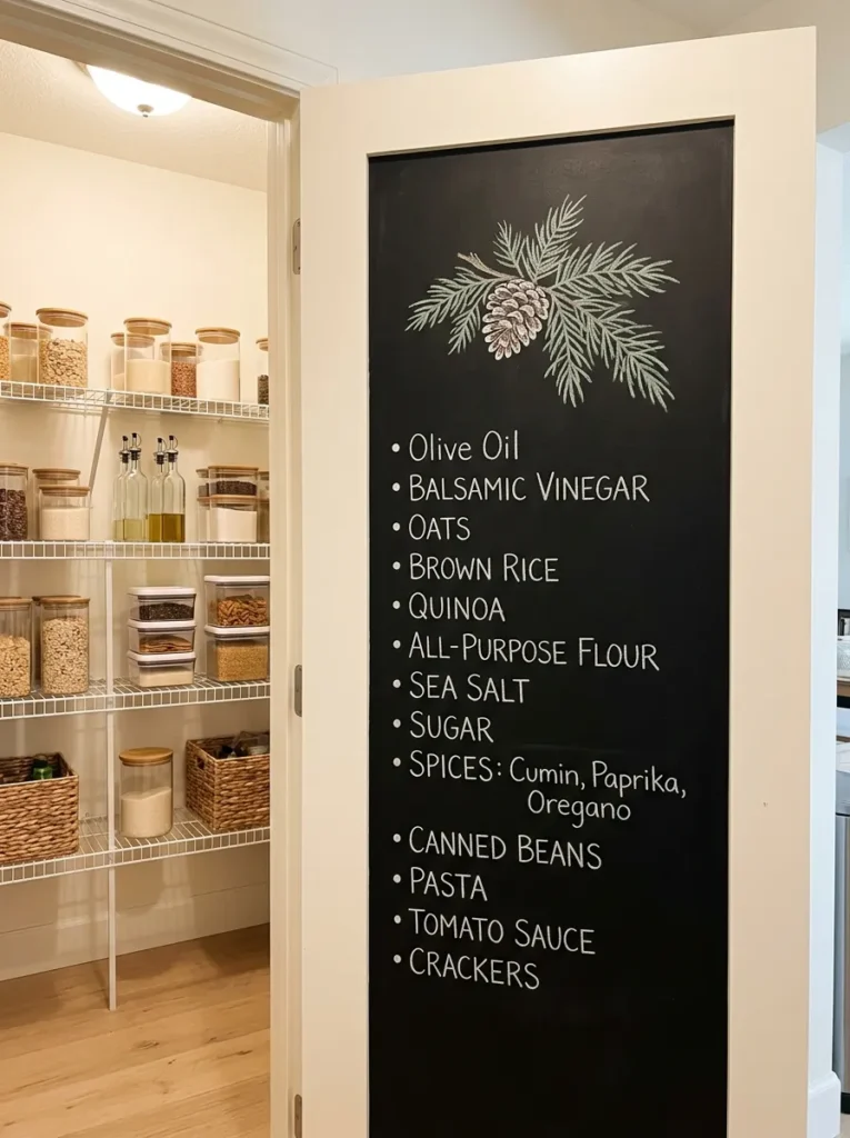 Tall chalkboard pantry inventory list mounted on the inside of a pantry door