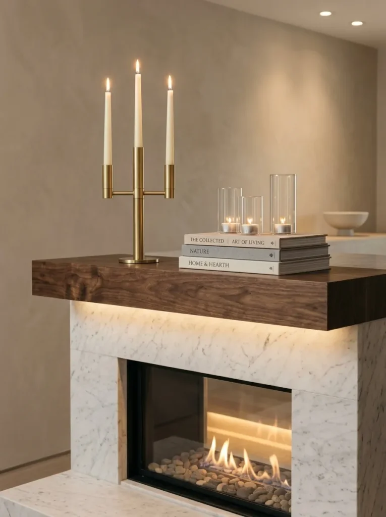  Unpolished brass candelabra on a walnut mantel with linen-bound books and amber votives