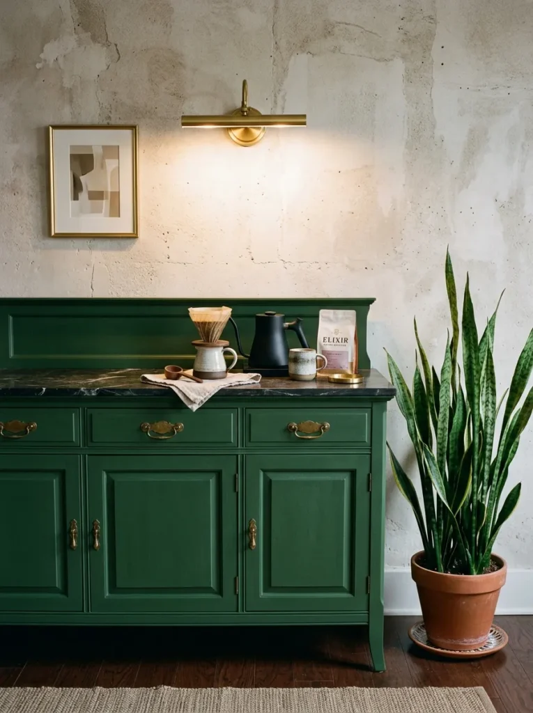 Forest-green vintage buffet with a marble inlay top and a gooseneck kettle pour-over setup