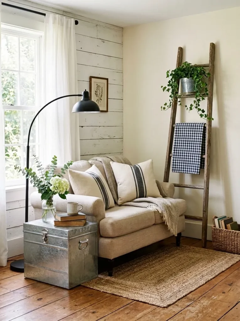  Farmhouse living room corner with vintage ladder decor and galvanized trunk table