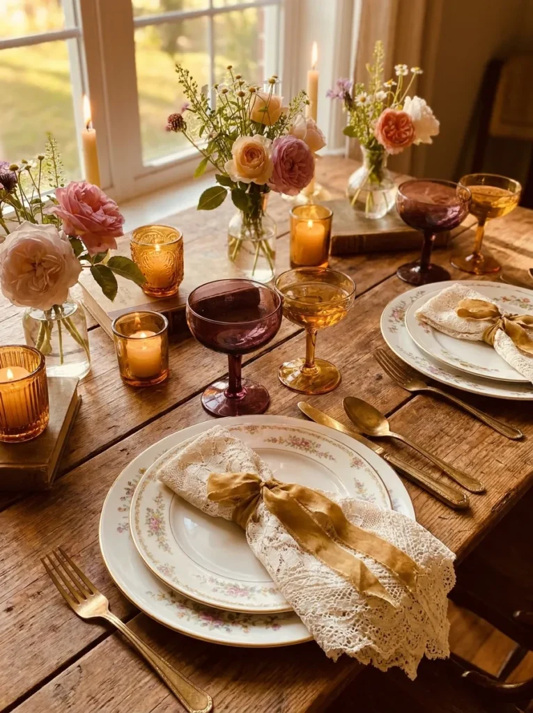 Mismatched vintage china with amethyst and amber coupe glasses and gold ribbon detailing