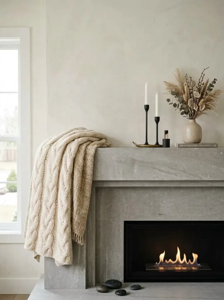 Vintage leather ice skates hung above a mantel with a cascading cream wool throw