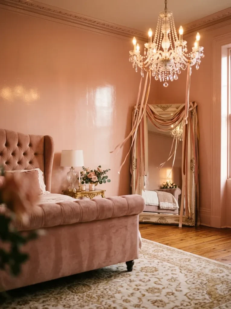  "Ribbon-wrapped vintage mirror in a cameo pink coquette bedroom corner"