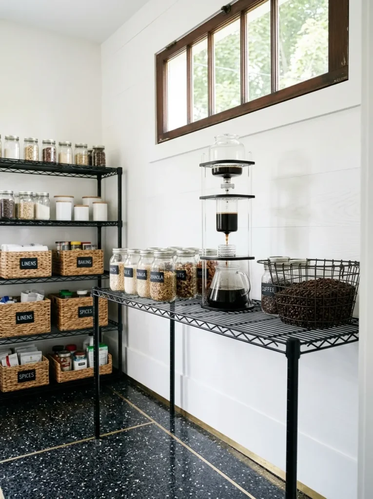 Glass cold brew tower on black wire shelving beneath a salvaged transom window in a pantry