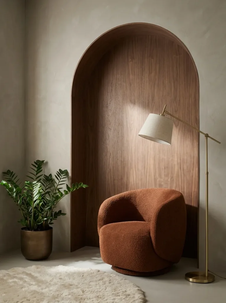 Curved walnut wood-paneled arch above a single rust bouclé swivel lounge chair