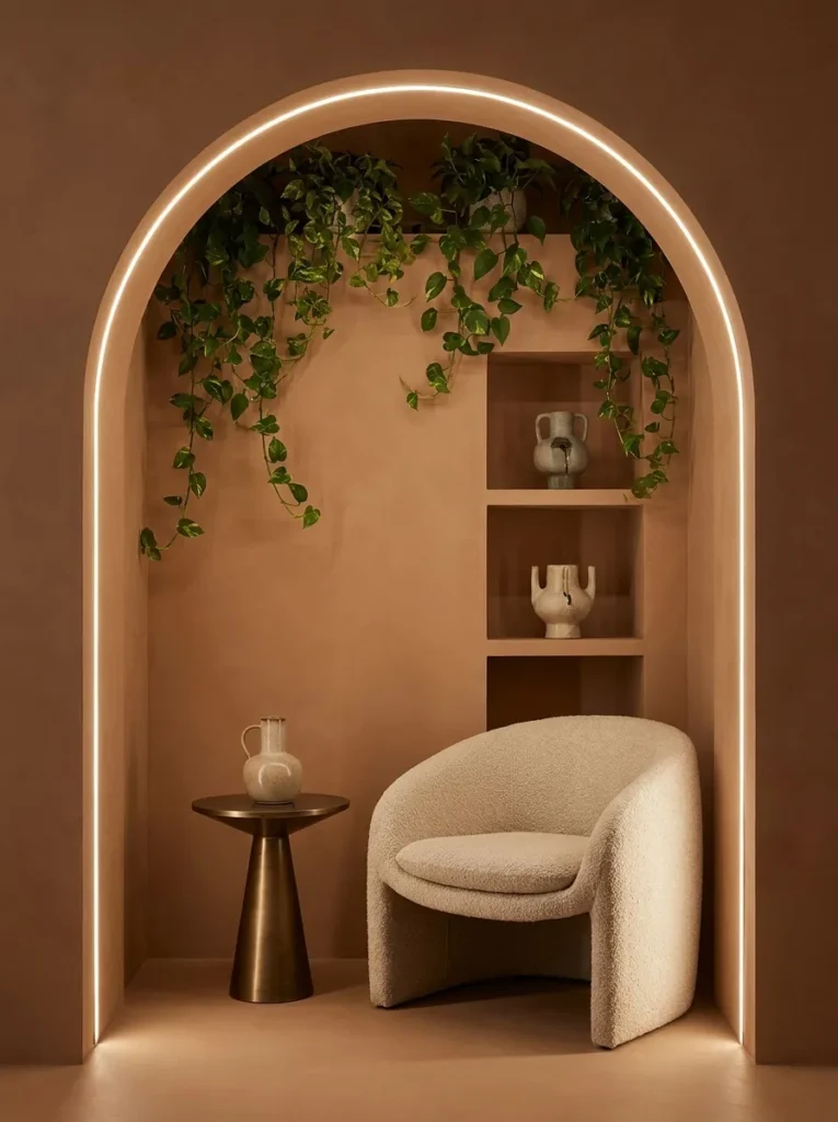 Recessed arched alcove holding a single curved oat bouclé lounge chair
