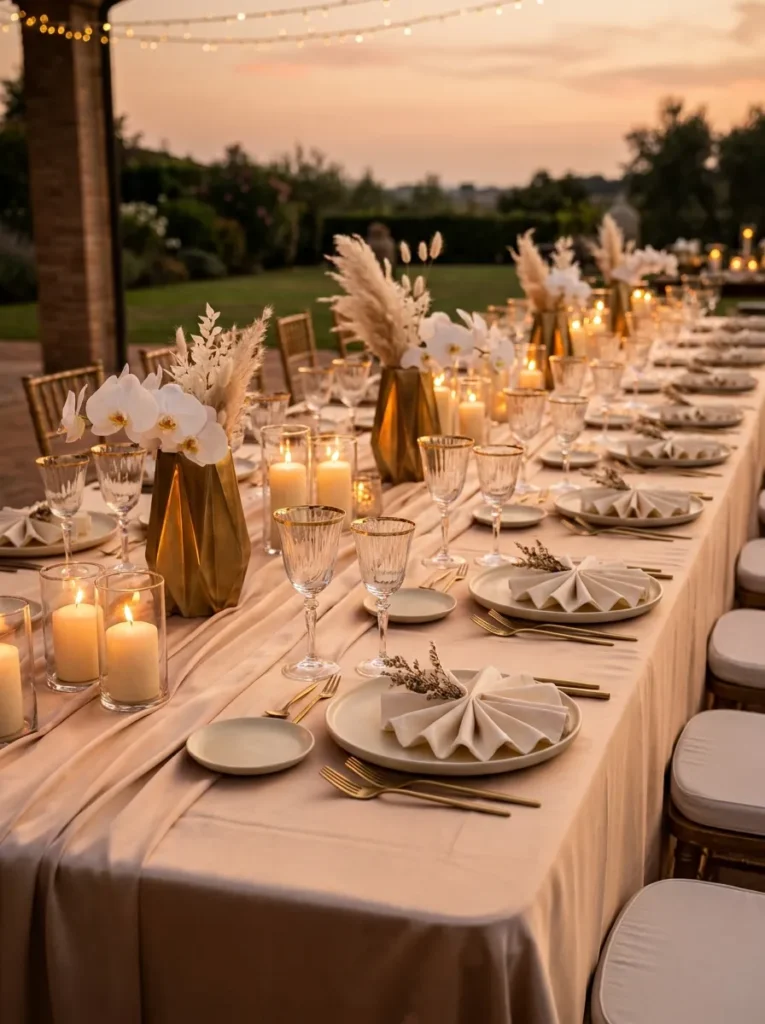 Champagne satin table with gold-rimmed china and fan-folded ivory napkins