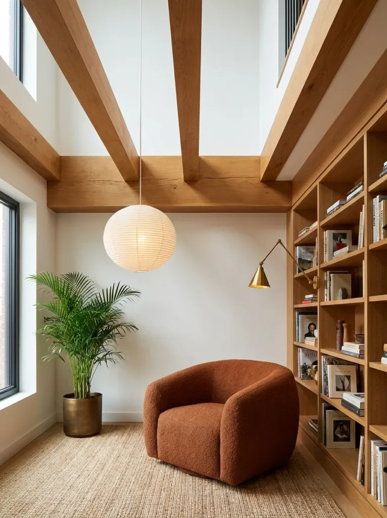 Double-height reading loft with exposed oak beams and an oversized low-hung paper pendant
