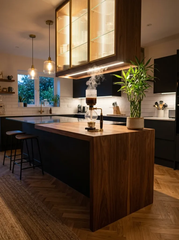 Walnut waterfall-edge island extension with a glass siphon brewer mid-brew