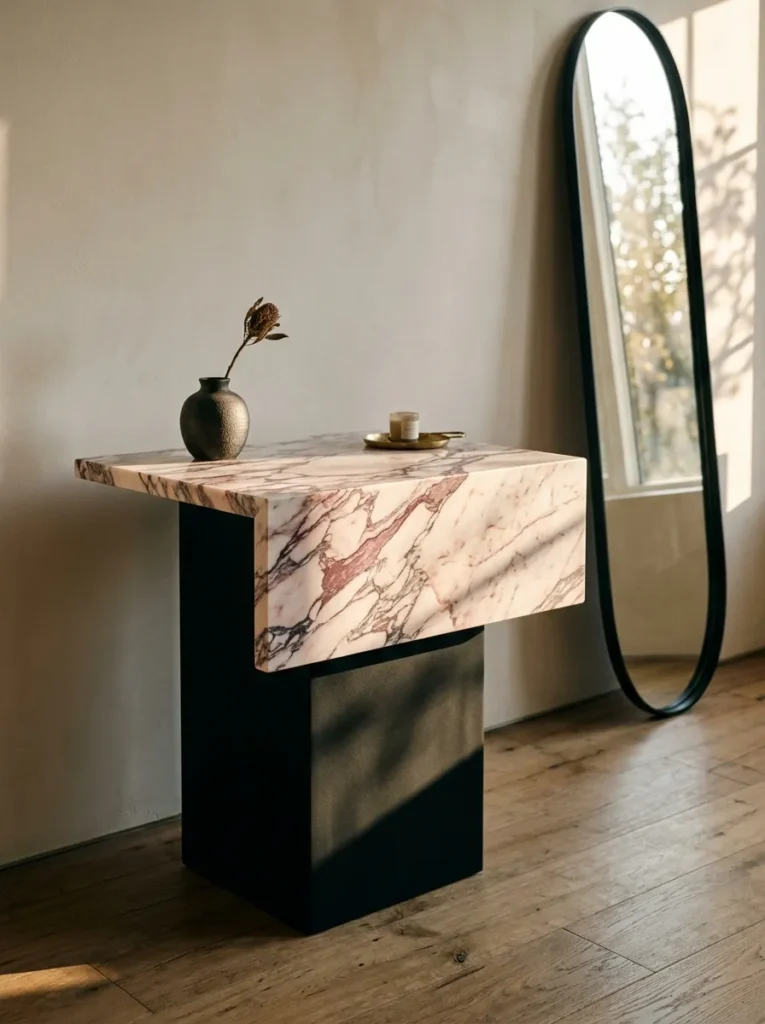 Pink-veined marble waterfall pedestal vanity with a black steel base and leaned oval mirror
