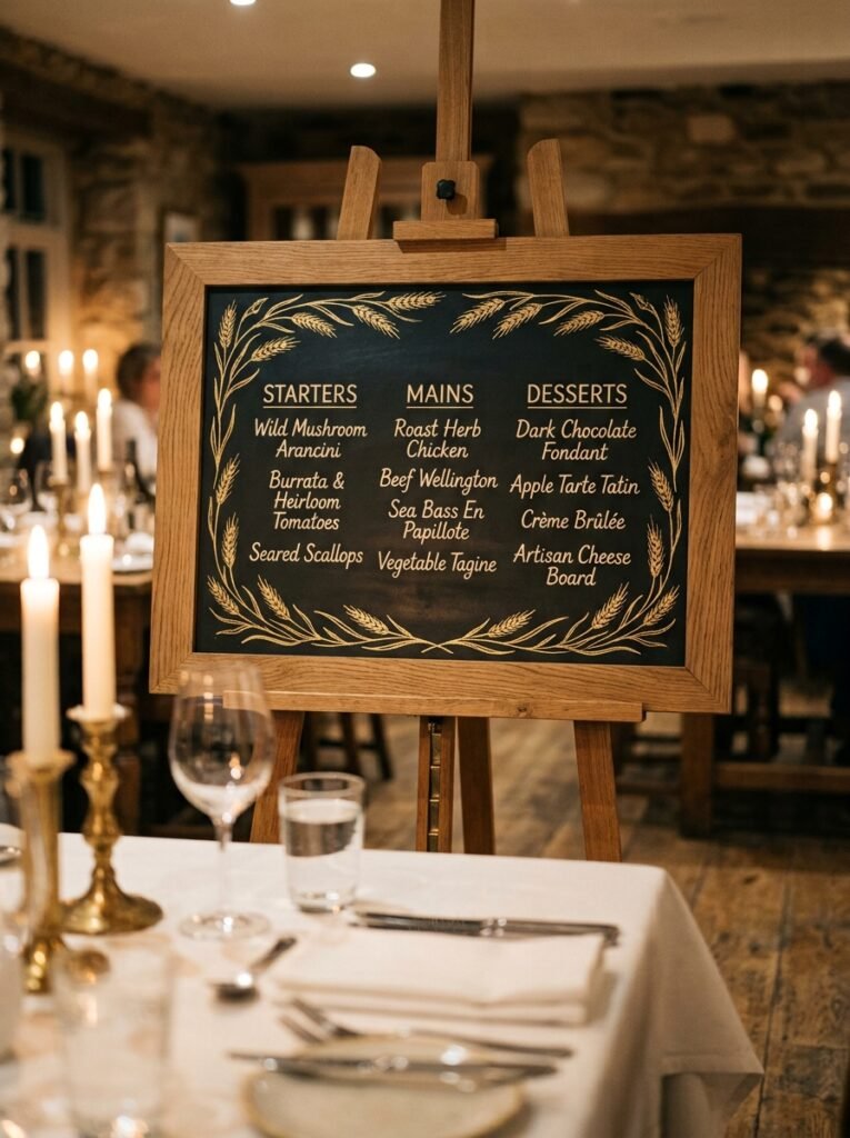 Oak-framed chalkboard with gold wheat border and cream lettering behind a set dining table