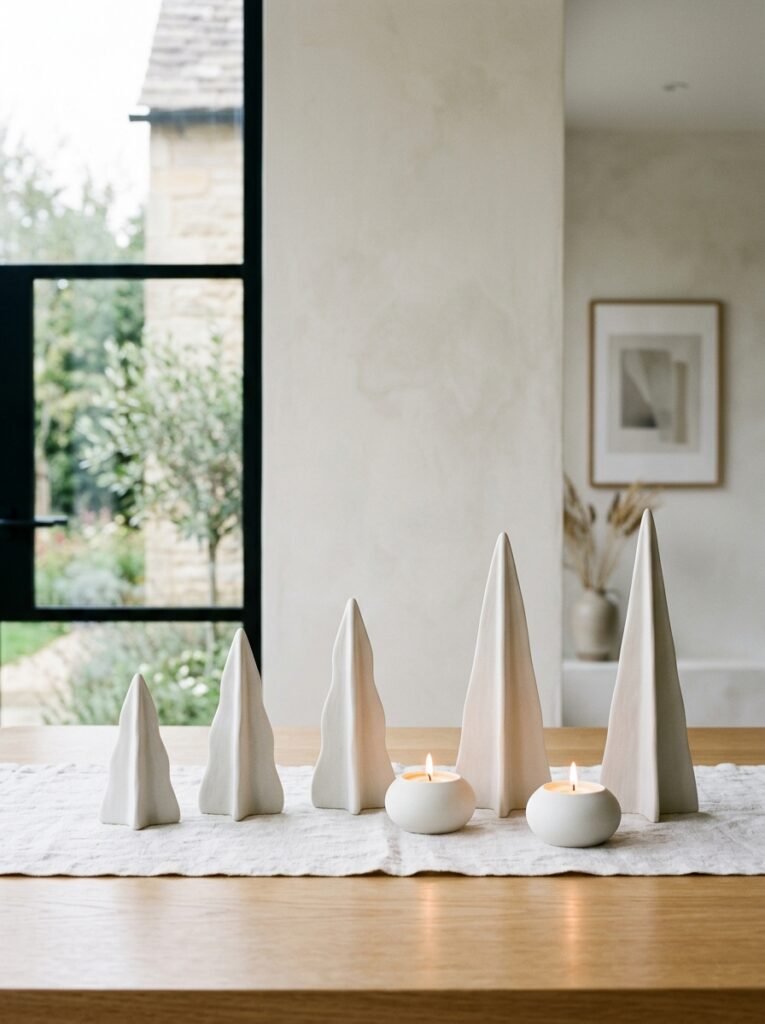 Five matte white ceramic tree forms in graduated heights on raw white linen
