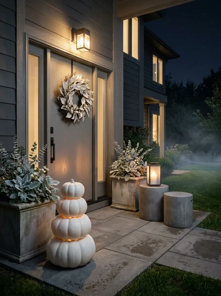 "Stacked tower of white Lumina pumpkins on a porch step"