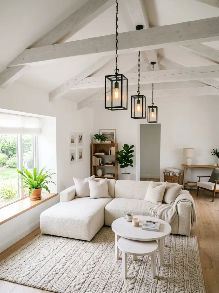 Farmhouse living room with whitewashed beam ceiling and black lantern pendants